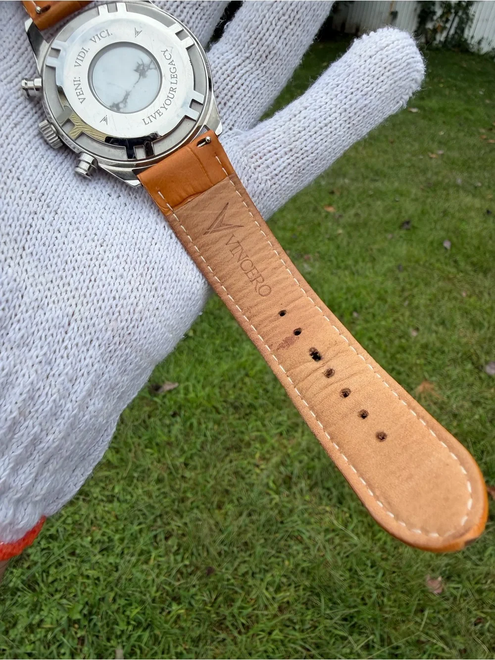 Vincero The Chrono S Men's Watch White Dial Italian Marble Back Leather Band